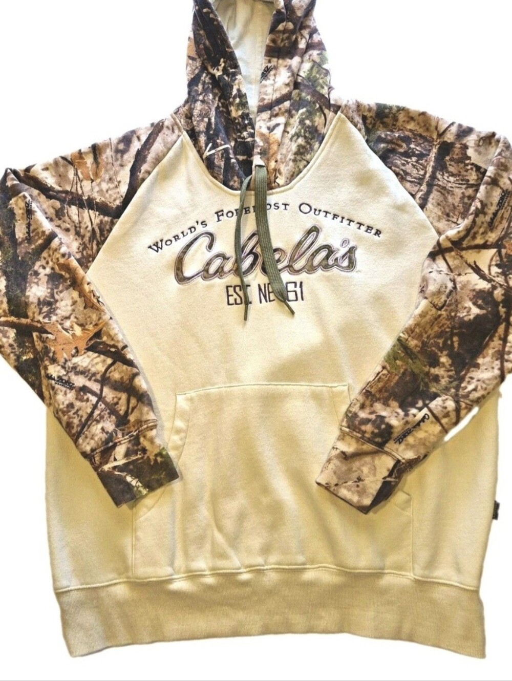 Cabela's Mens SZ LG Ivory/Camo Hoodie Pullover Jacket EUC Sku751